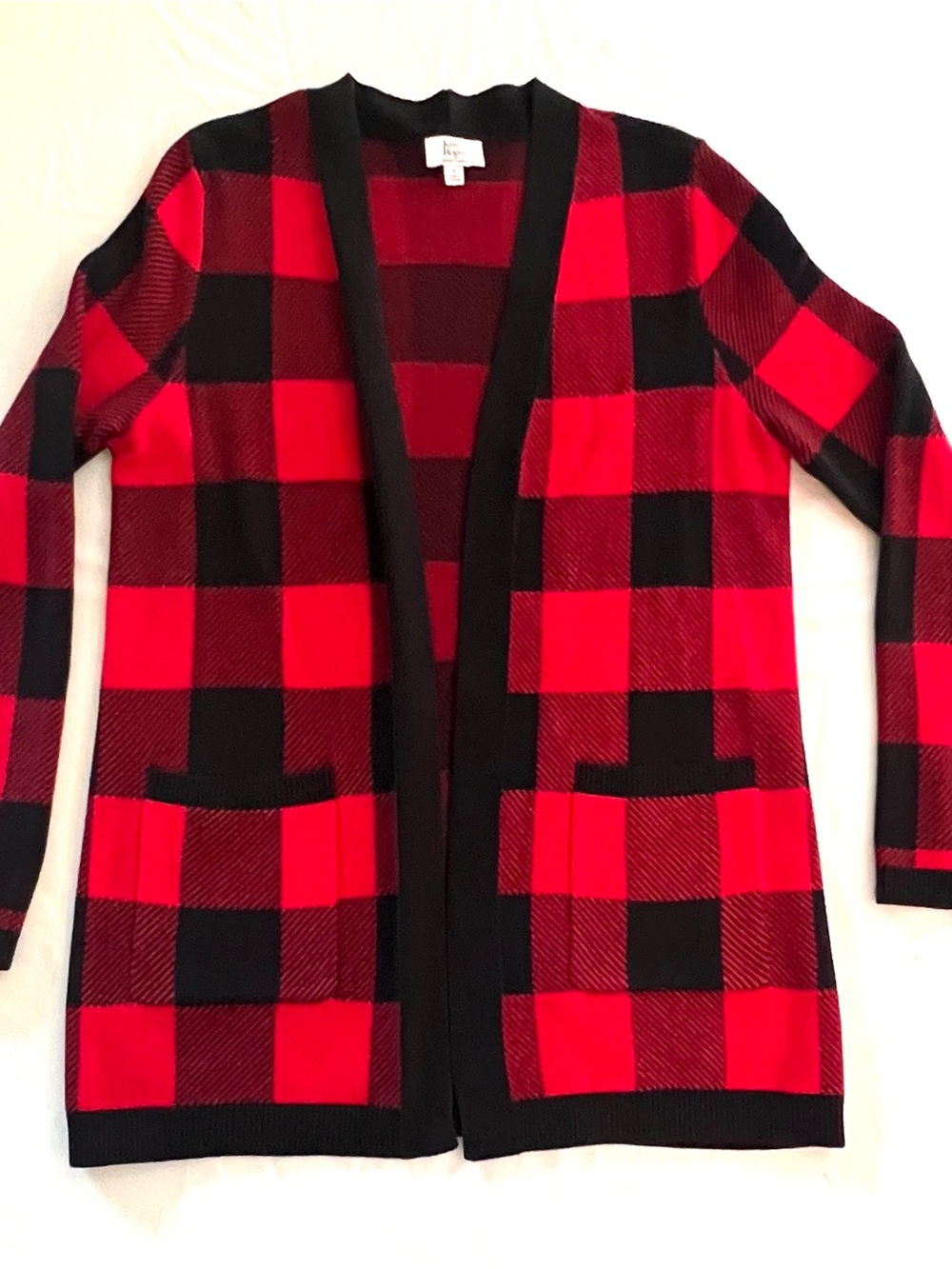 Kim Rogers Red Black Buffalo Plaid Open Front Cardigan Sweater SM